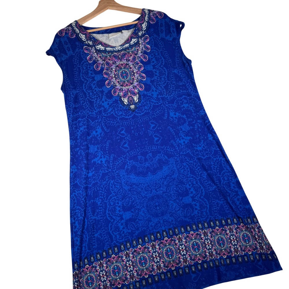Chicos Blue Paisley Medallion Shift Dress Womens Size 2 L 12 14 | Resort